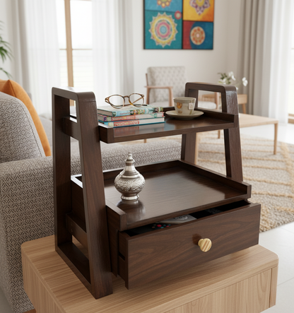 Multipurpose Woodhaven Duo Shelf – Handcrafted Solid Sagon Wood Storage with Walnut Finish