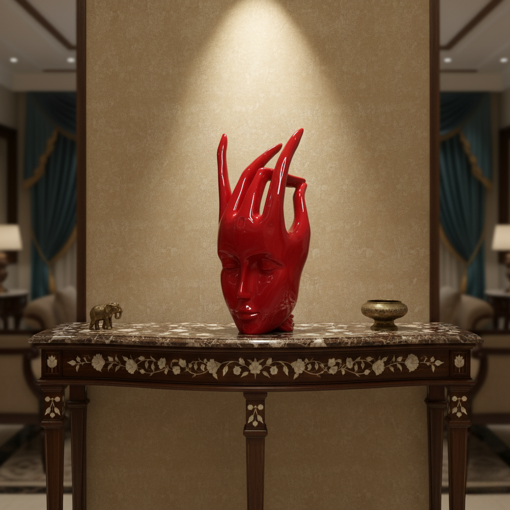 Regal Red Crowned Mudra Zen Face Sculpture (1.4 Ft Approx)