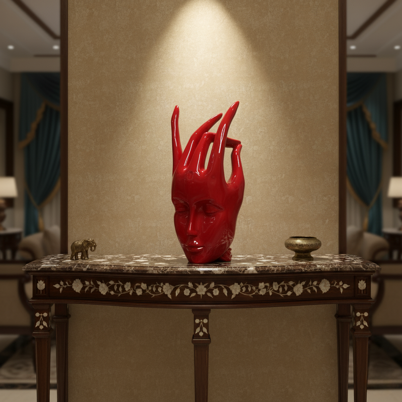 Regal Red Crowned Mudra Zen Face Sculpture (1.4 Ft Approx)