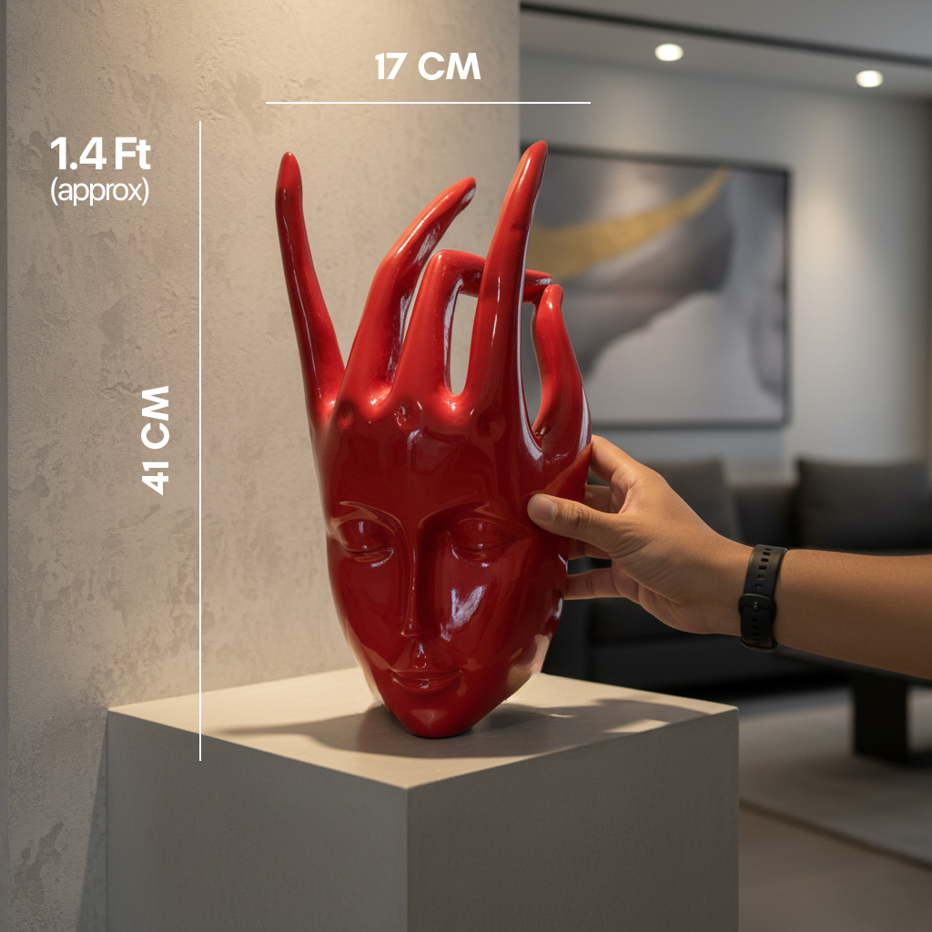 Regal Red Crowned Mudra Zen Face Sculpture (1.4 Ft Approx)