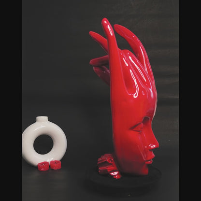 Regal Red Crowned Mudra Zen Face Sculpture
